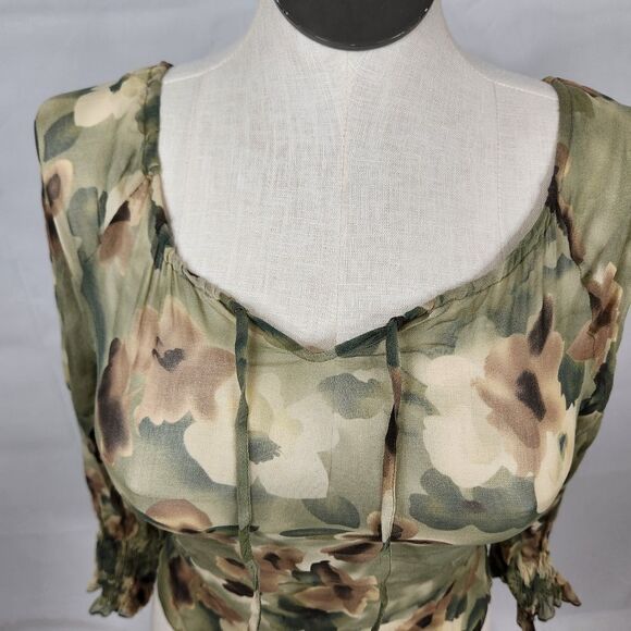 Vintage Kenneth Jay Lane Green Silk Sheer Floral Blouse Sz M - Picture 2 of 9